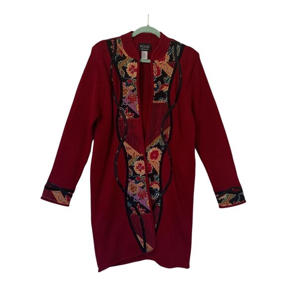 Koos of Course Cardigan Medium Silk Blend  Red Appliqued Mandarin Collar Artsy - Picture 1 of 14